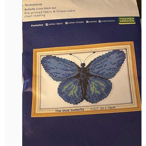 Cross Stitch Kit The Blue Butterfly Pattern 25x19cm Pre-Print 11CT Cotton Fabric - Picture 10 of 12